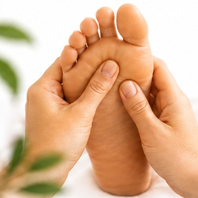 Reflexologist working on the sole of a client's foot
